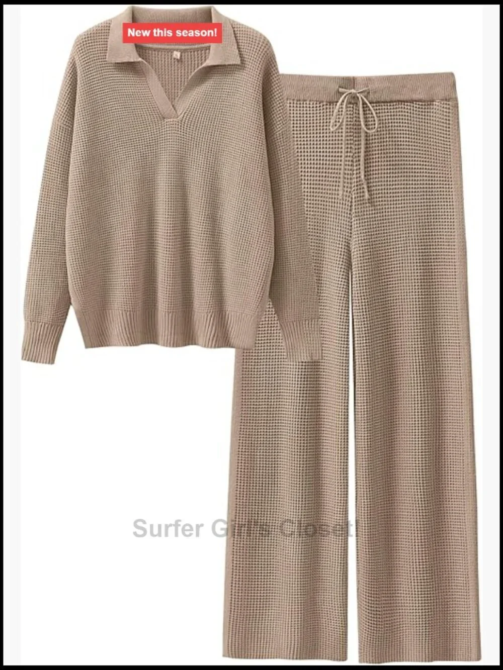 Women's Two Piece Waffle Knit Lounge Sweater Set with Wide Leg Pants